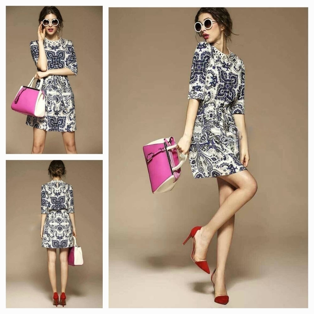 Korea Design By Lavida vintage lace blue‎ diamond dress Loose dress